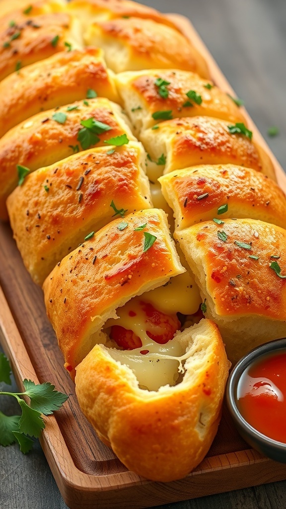 Garlic Bread Pull Apart Recipe A loaf of garlic bread pull apart with melted cheese and parsley, served with marinara sauce.